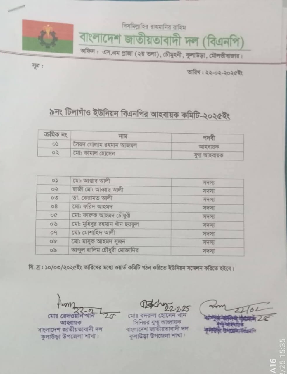 Read more about the article কুলাউড়ায় ৫ ইউনিয়নে বিএনপি’র নবগঠিত আহ্বায়ক কমিটি
